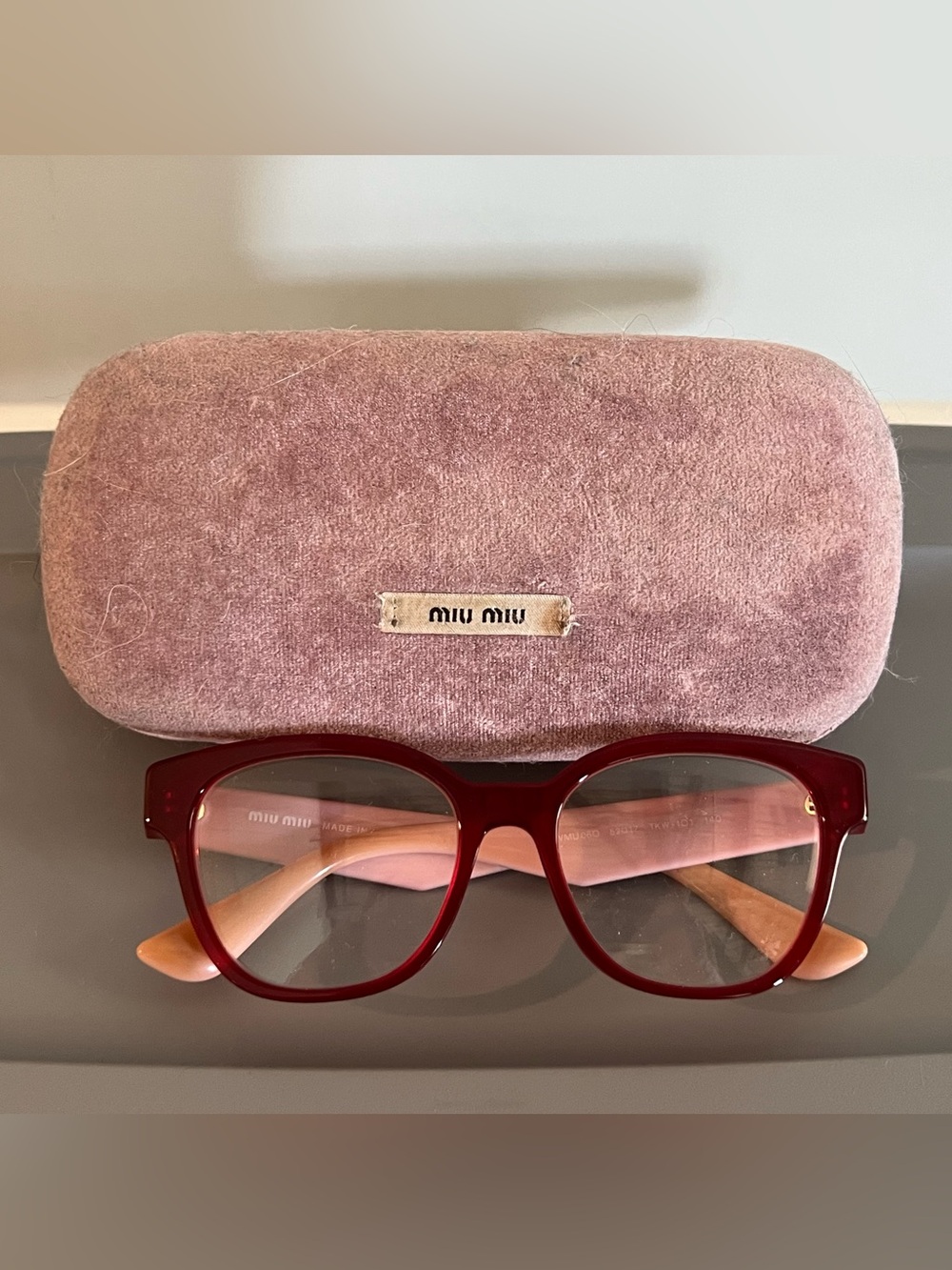 Miu Miu Glossy Red Front Glasses with Pale Pink Temples